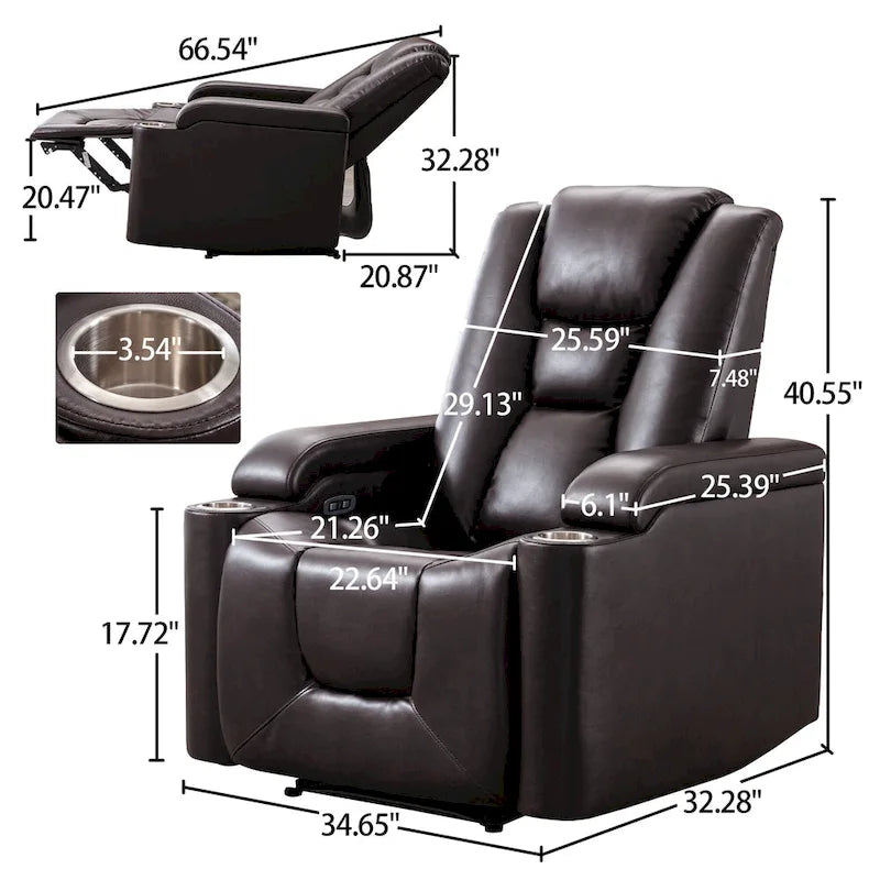 Fauteuil inclinable électrique en similicuir avec porte-gobelets et ports USB