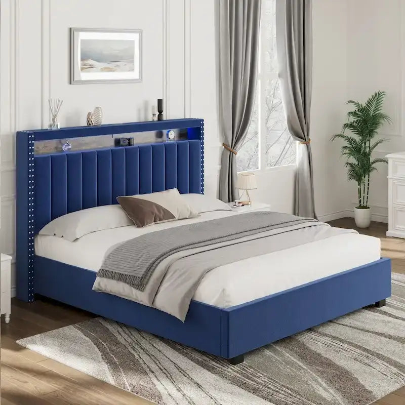Lit queen-size en velours avec sommier relevable et tête de lit LED