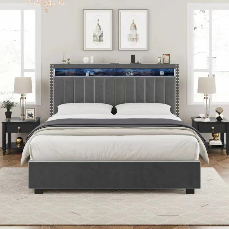 Lit queen-size en velours avec sommier relevable et tête de lit LED