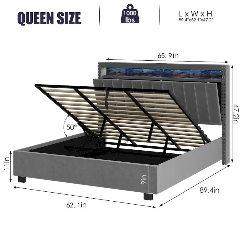 Lit queen-size en velours avec sommier relevable et tête de lit LED