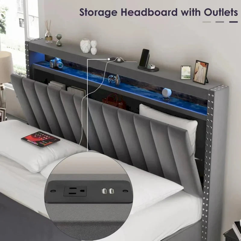 Lit queen-size en velours avec sommier relevable et tête de lit LED