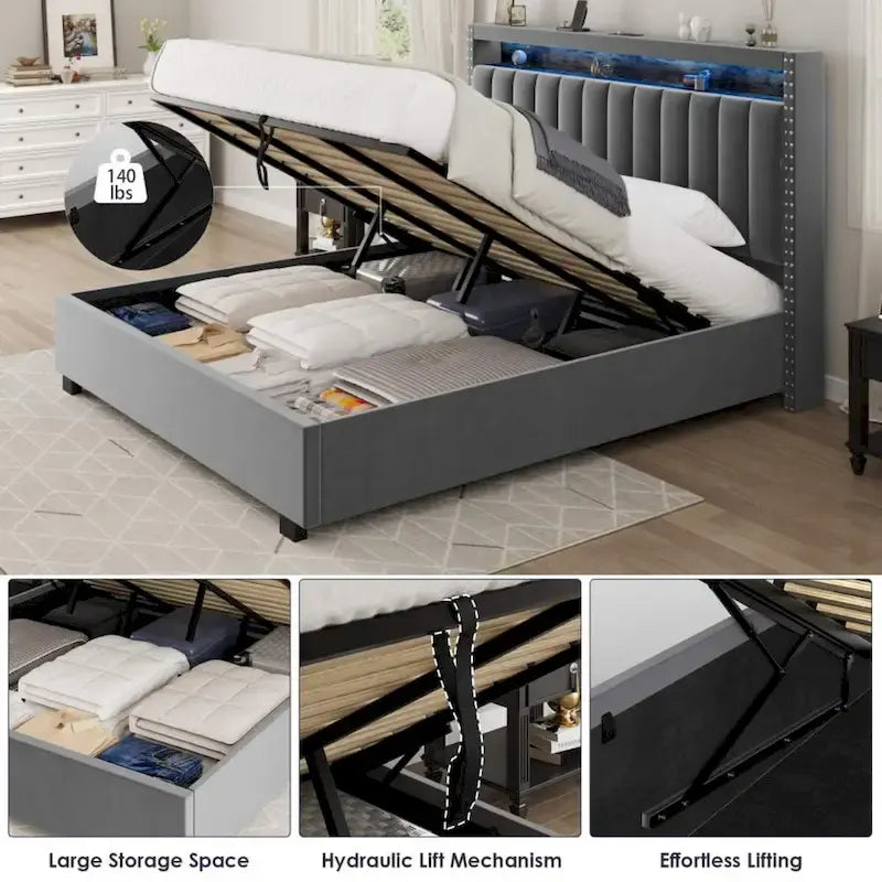 Lit queen-size en velours avec sommier relevable et tête de lit LED