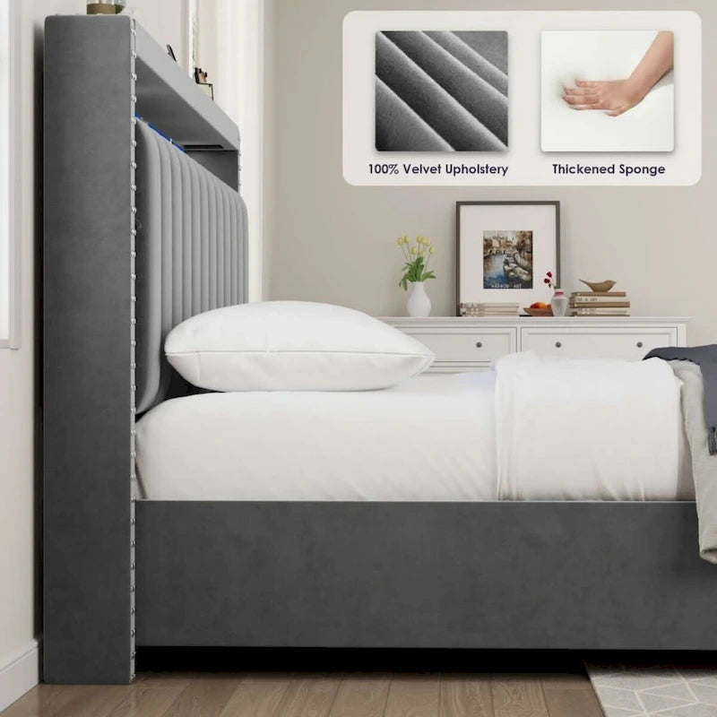 Lit queen-size en velours avec sommier relevable et tête de lit LED
