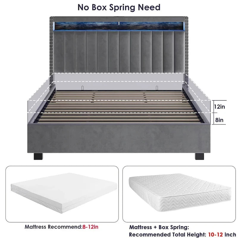 Lit queen-size en velours avec sommier relevable et tête de lit LED