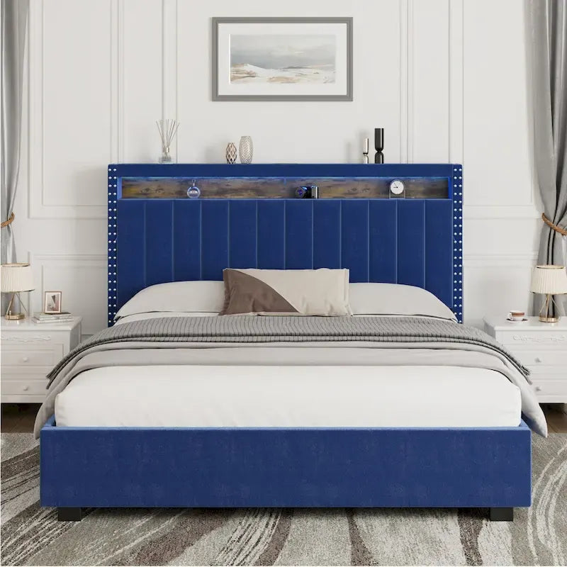 Lit queen-size en velours avec sommier relevable et tête de lit LED