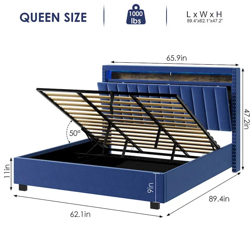 Lit queen-size en velours avec sommier relevable et tête de lit LED