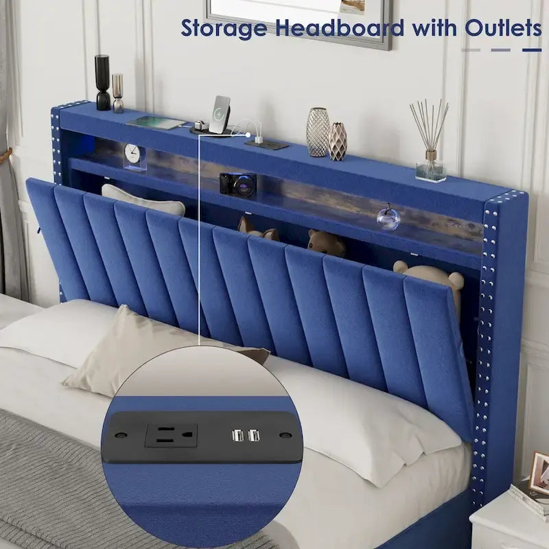 Lit queen-size en velours avec sommier relevable et tête de lit LED