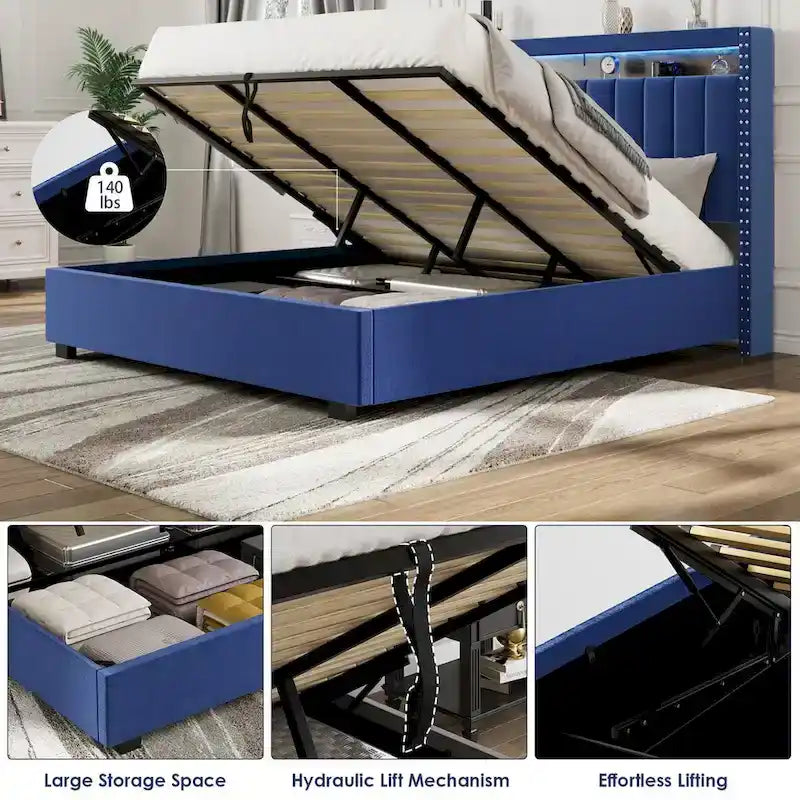 Lit queen-size en velours avec sommier relevable et tête de lit LED