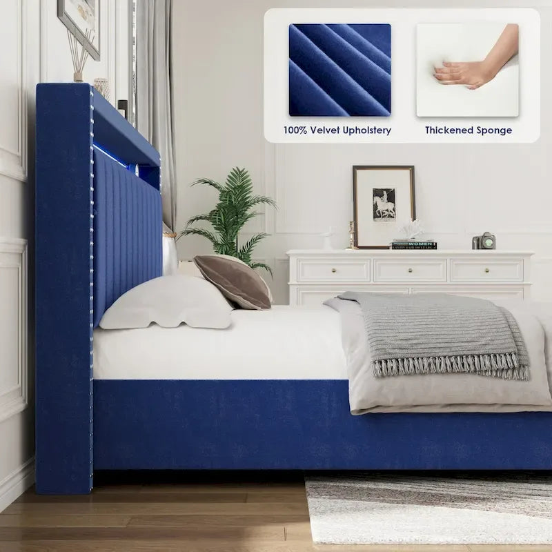 Lit queen-size en velours avec sommier relevable et tête de lit LED