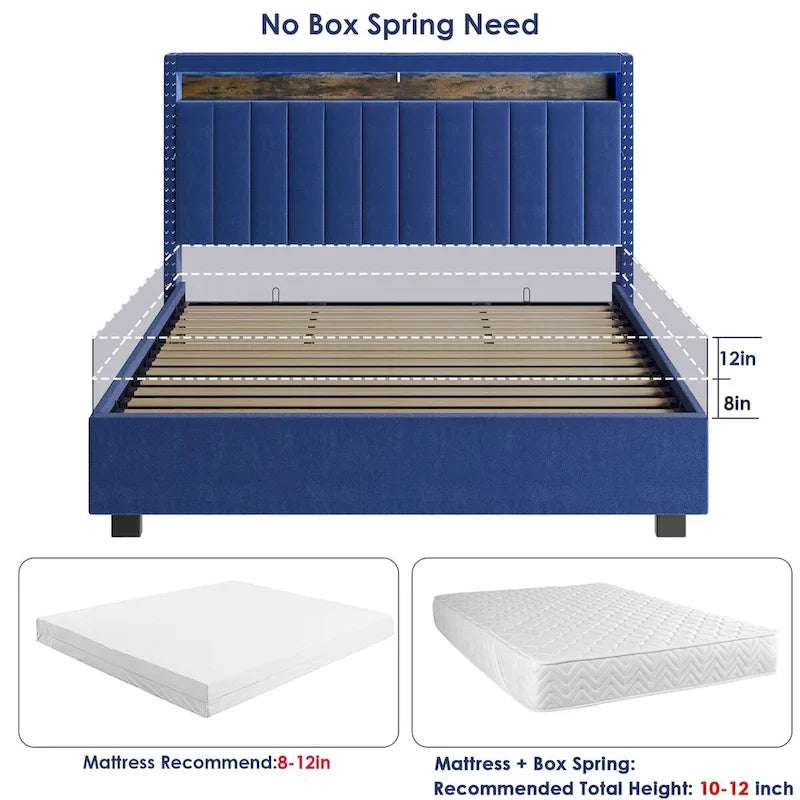 Lit queen-size en velours avec sommier relevable et tête de lit LED