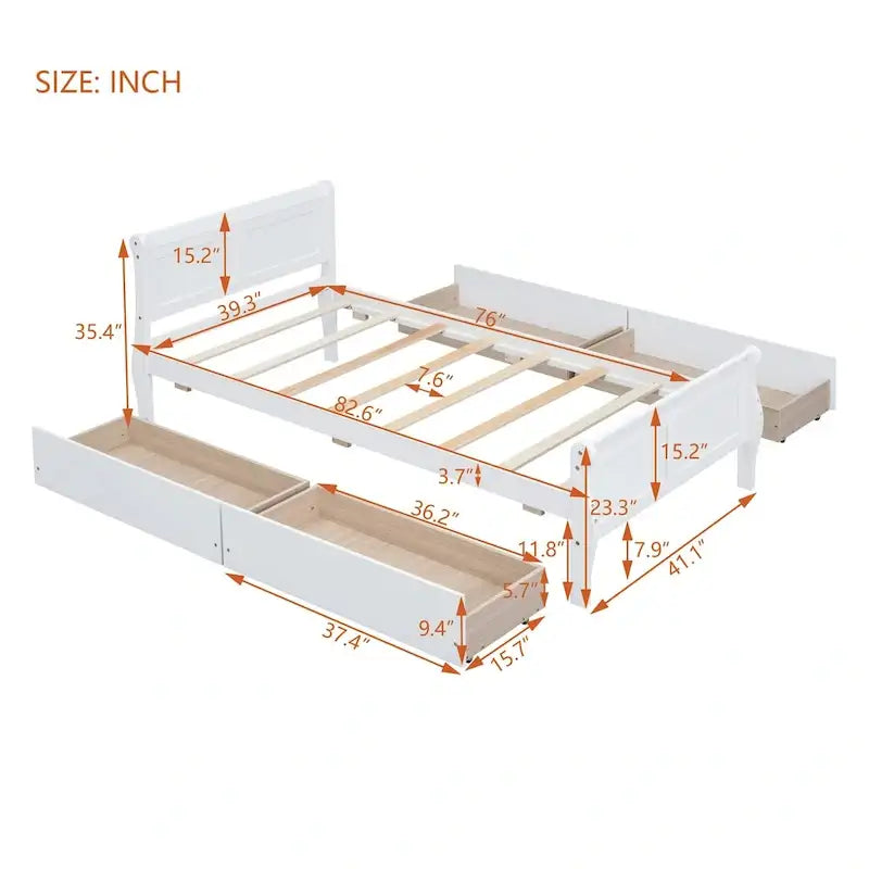 Lit plateforme double en bois avec 4 tiroirs et tête de lit épurée