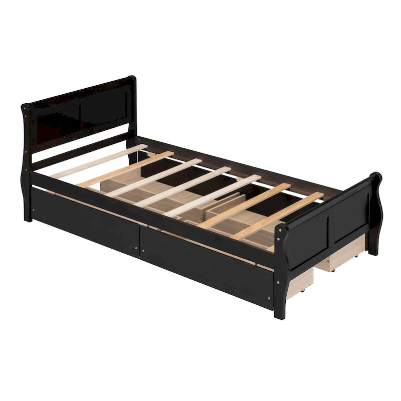 Lit plateforme double en bois avec 4 tiroirs et tête de lit épurée
