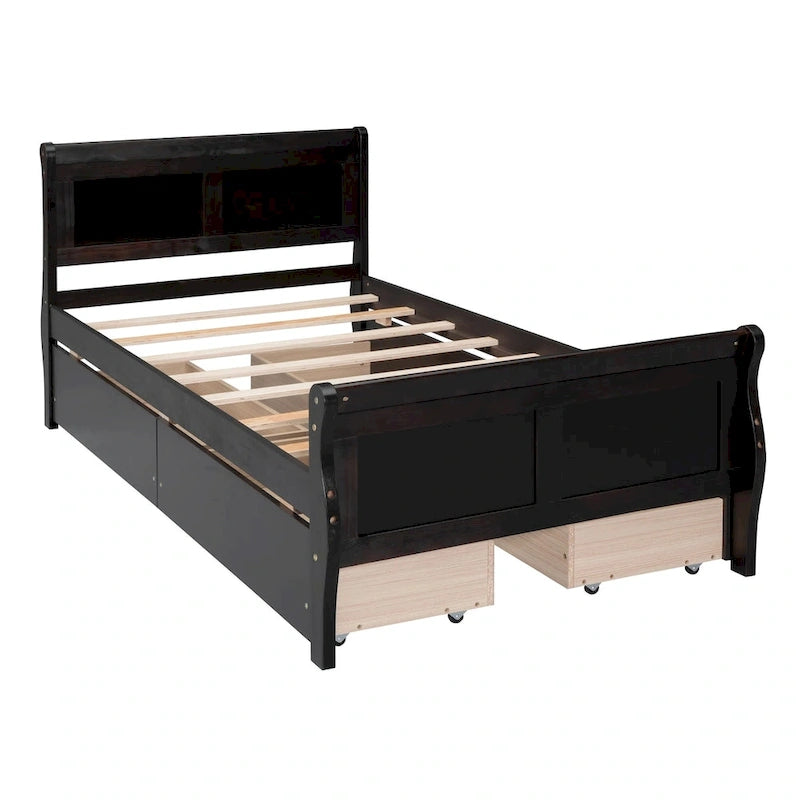 Lit plateforme double en bois avec 4 tiroirs et tête de lit épurée