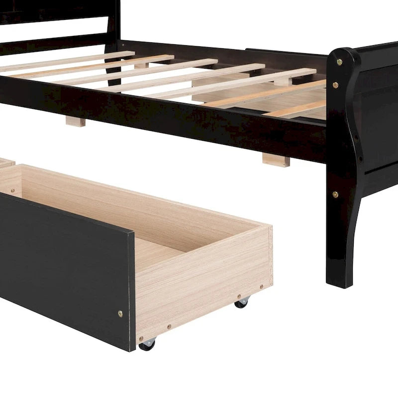 Lit plateforme double en bois avec 4 tiroirs et tête de lit épurée