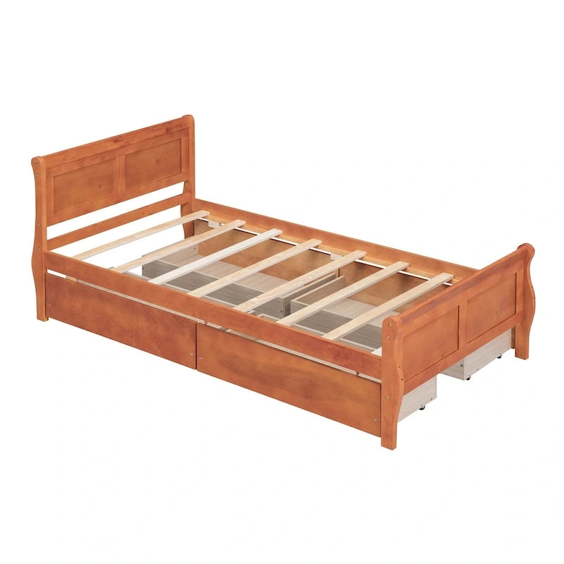 Lit plateforme double en bois avec 4 tiroirs et tête de lit épurée