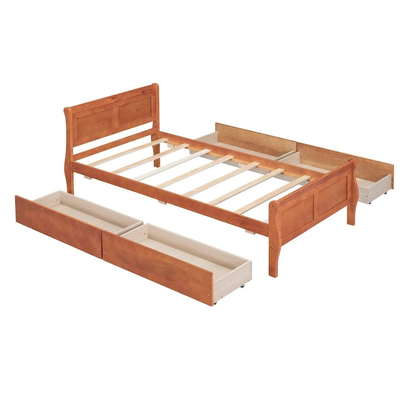 Lit plateforme double en bois avec 4 tiroirs et tête de lit épurée