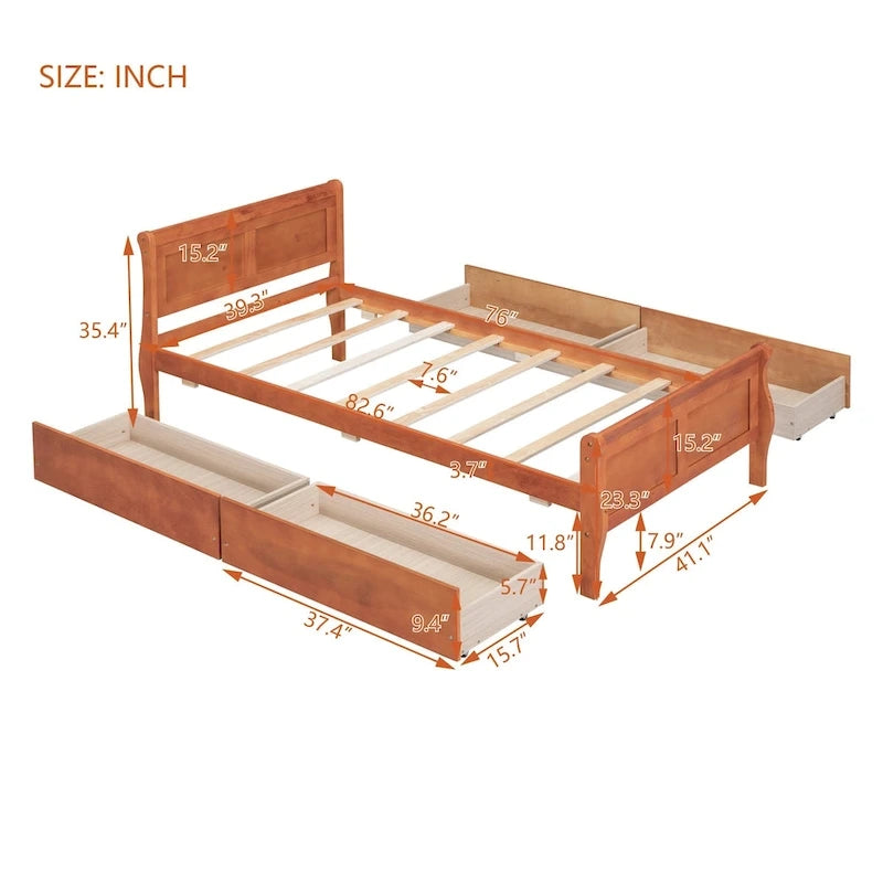 Lit plateforme double en bois avec 4 tiroirs et tête de lit épurée