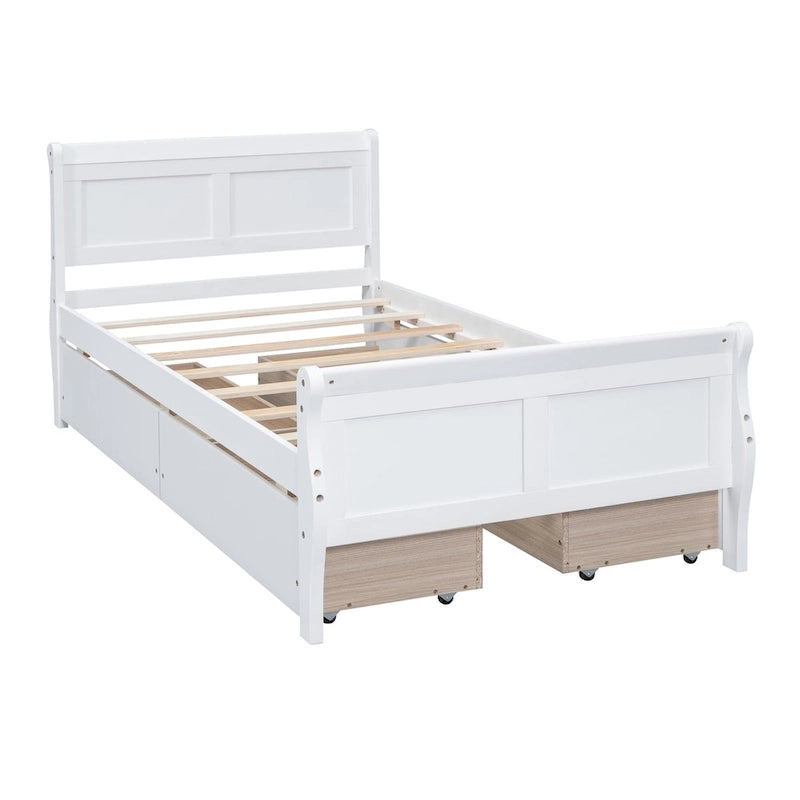 Lit plateforme double en bois avec 4 tiroirs et tête de lit épurée