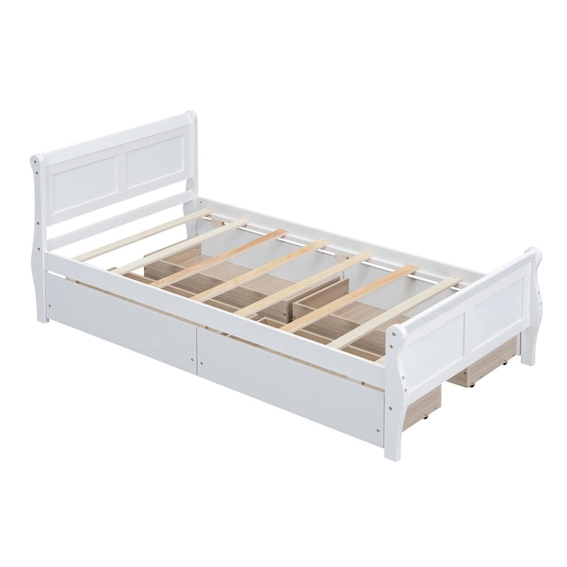 Lit plateforme double en bois avec 4 tiroirs et tête de lit épurée