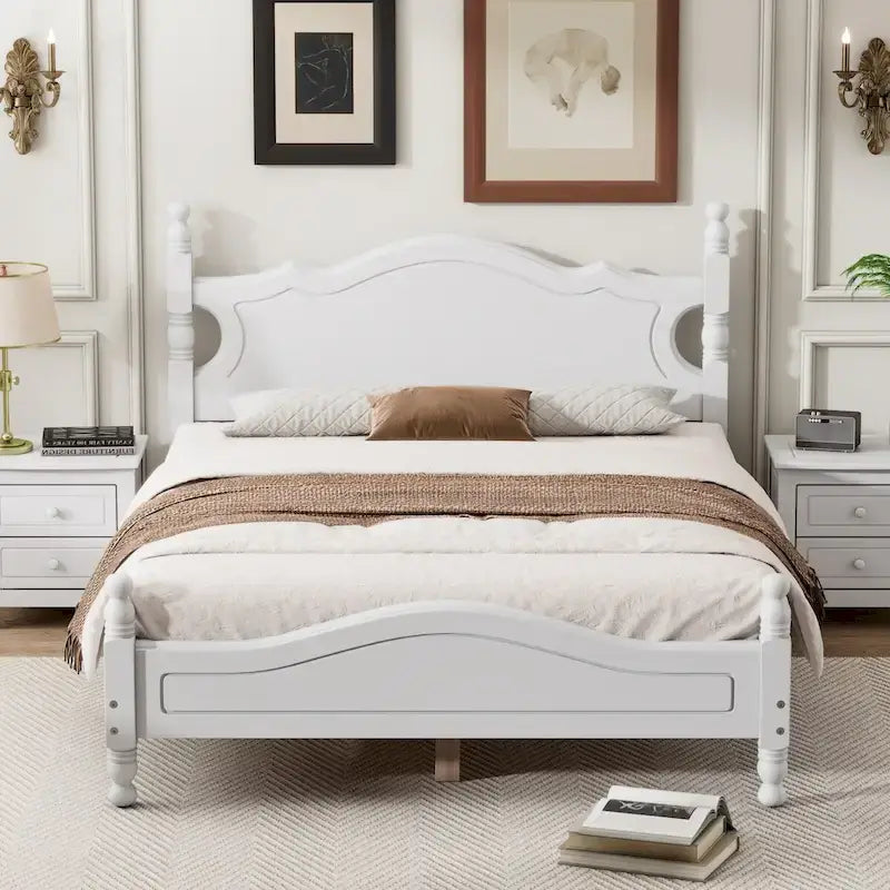 Lit double plate-forme rétro en bois avec tête de lit et support à lattes