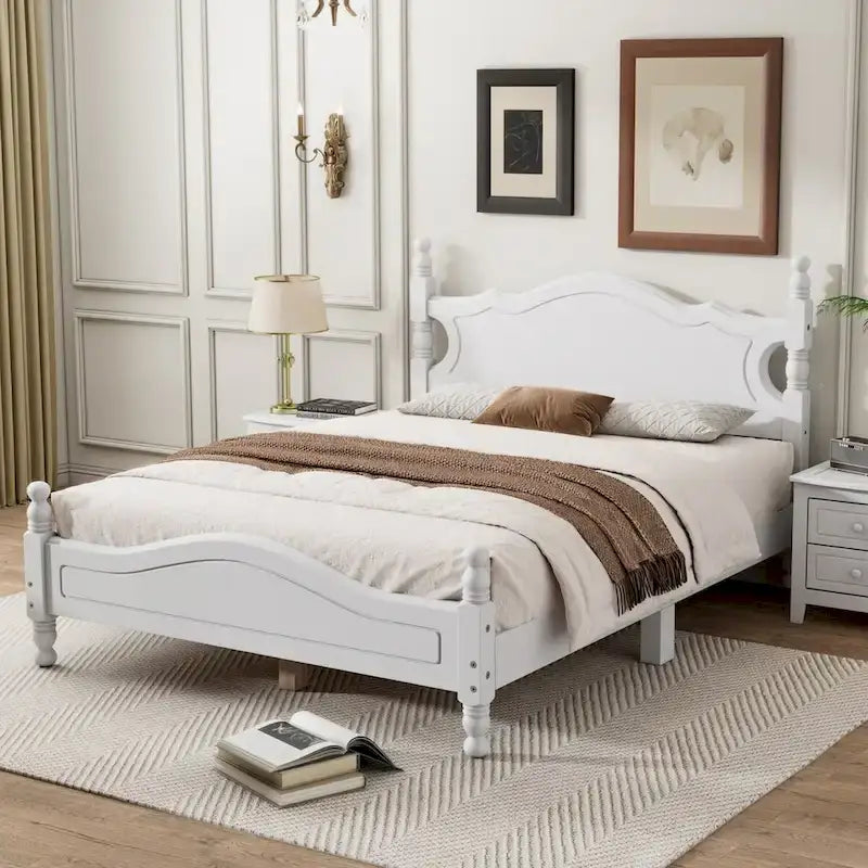 Lit double plate-forme rétro en bois avec tête de lit et support à lattes