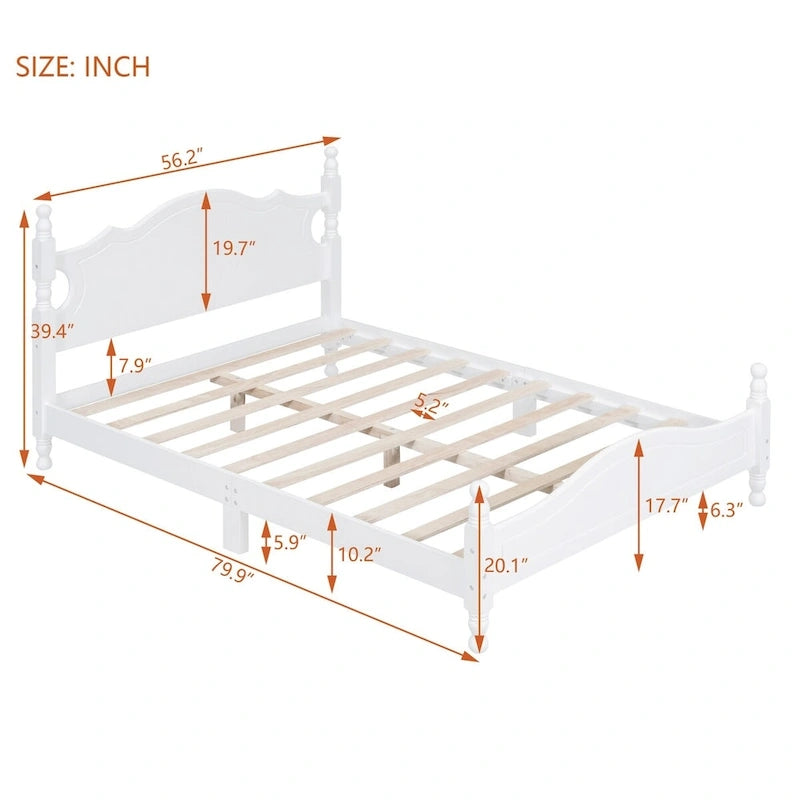 Lit double plate-forme rétro en bois avec tête de lit et support à lattes