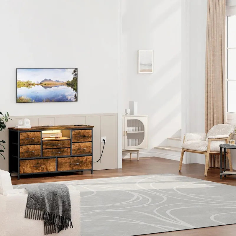 Commode à 8 tiroirs Meuble TV avec prise de courant et LED RVB – 55"