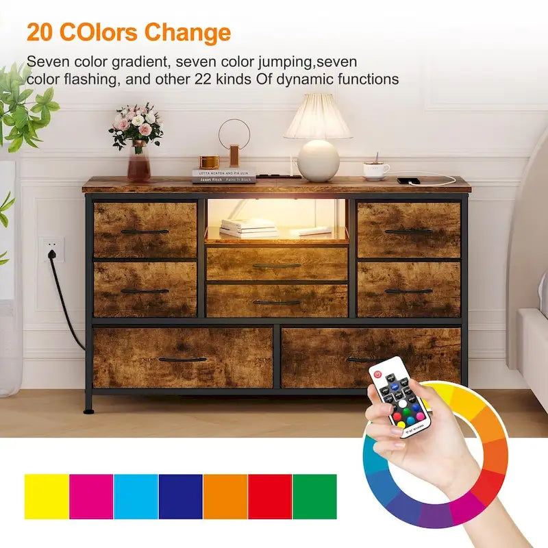 Commode à 8 tiroirs Meuble TV avec prise de courant et LED RVB – 55"