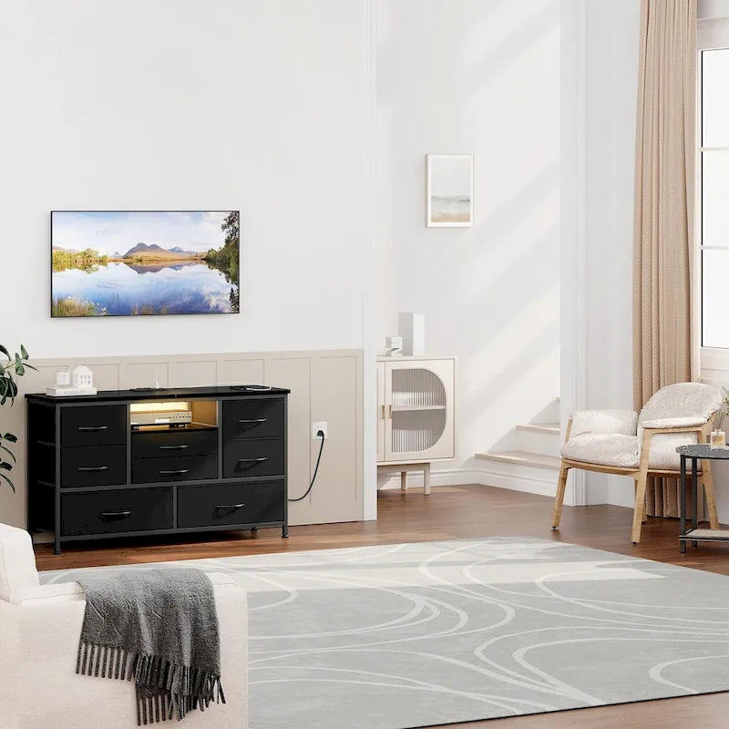 Commode à 8 tiroirs Meuble TV avec prise de courant et LED RVB – 55"