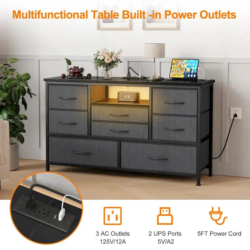 Commode à 8 tiroirs Meuble TV avec prise de courant et LED RVB – 55"