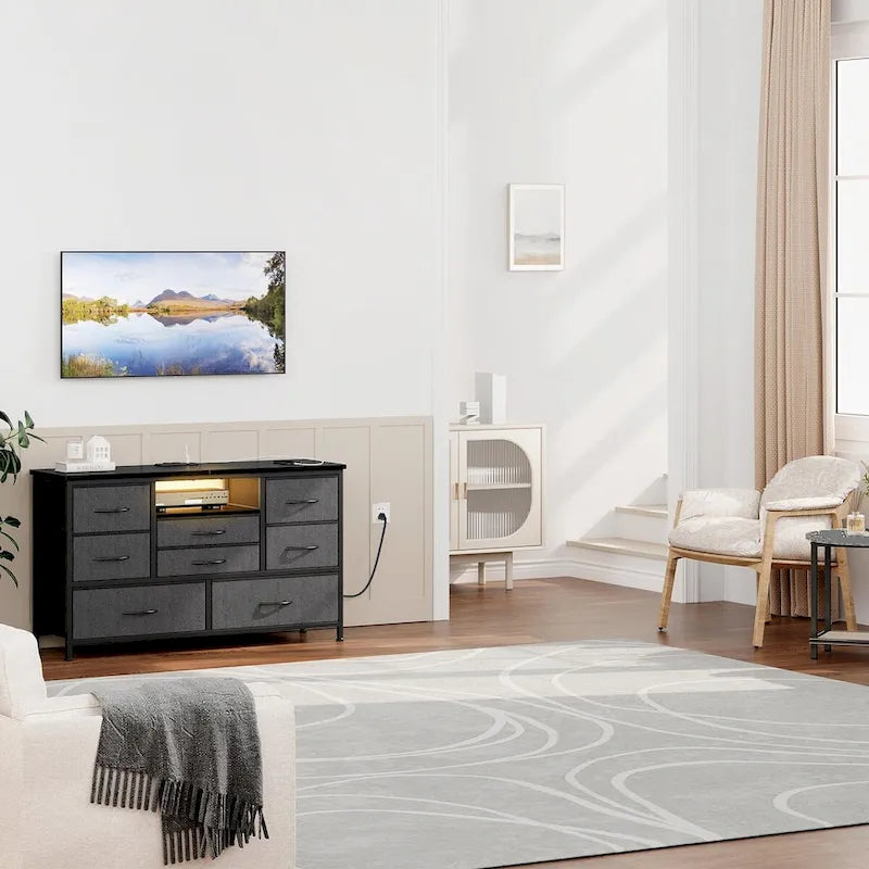 Commode à 8 tiroirs Meuble TV avec prise de courant et LED RVB – 55"