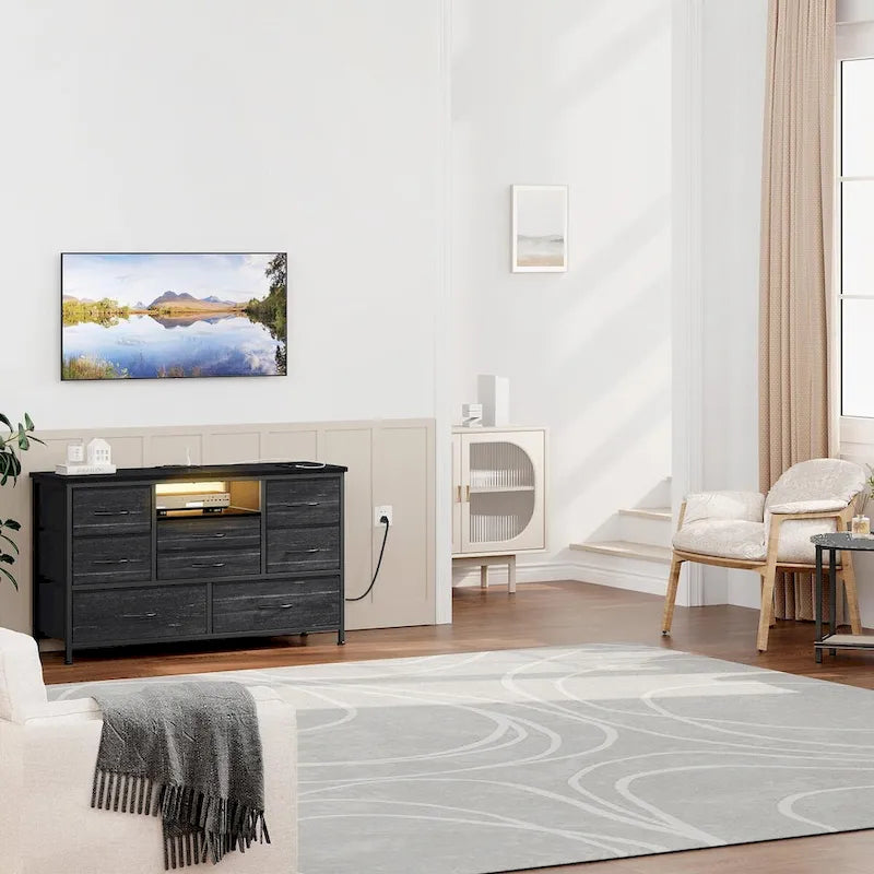 Commode à 8 tiroirs Meuble TV avec prise de courant et LED RVB – 55"