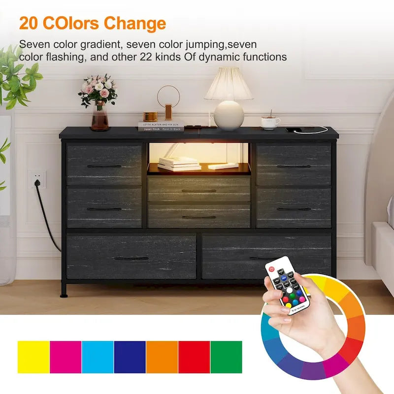 Commode à 8 tiroirs Meuble TV avec prise de courant et LED RVB – 55"