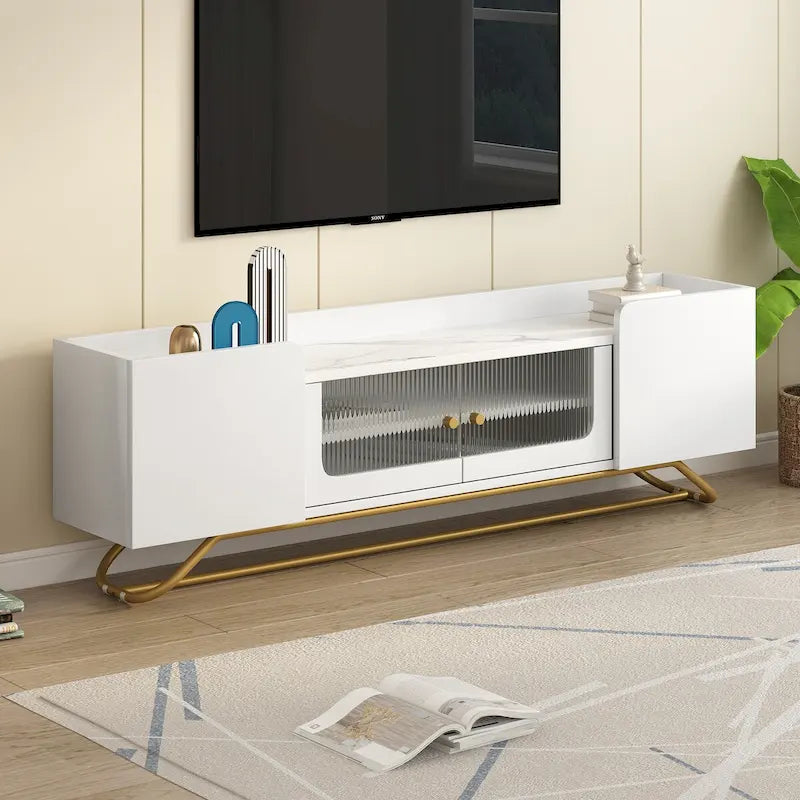 Meuble TV avec portes en verre cannelé et plateau en faux marbre – Convient aux téléviseurs jusqu'à 70 pouces
