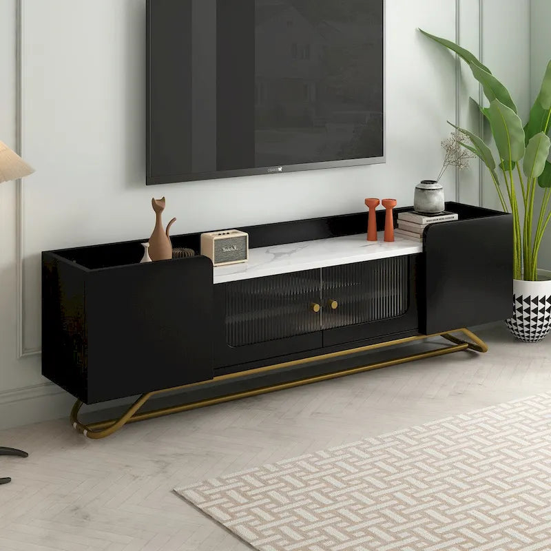 Meuble TV avec portes en verre cannelé et plateau en faux marbre – Convient aux téléviseurs jusqu'à 70 pouces