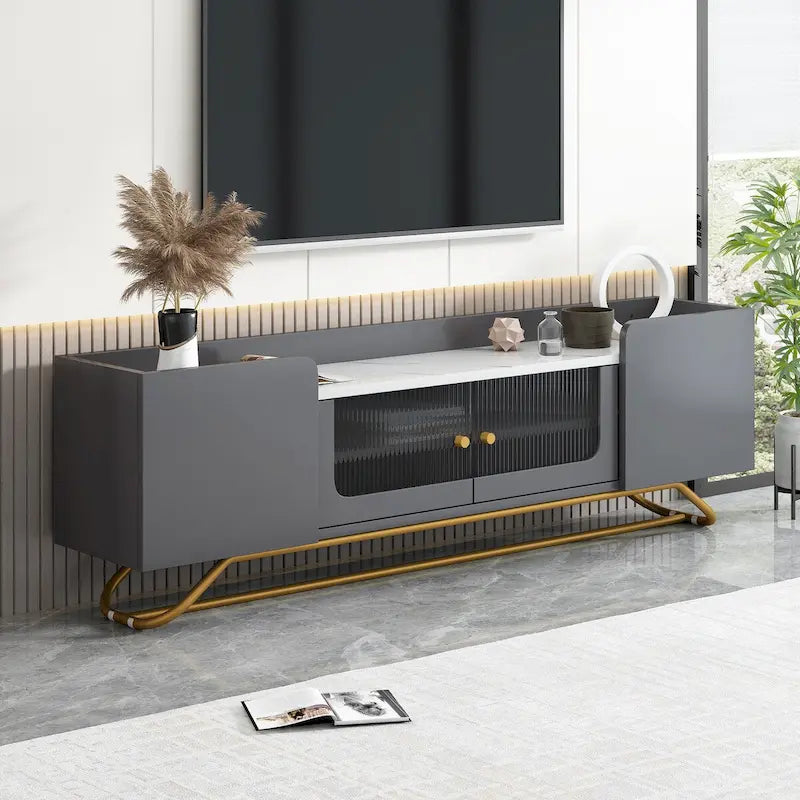 Meuble TV avec portes en verre cannelé et plateau en faux marbre – Convient aux téléviseurs jusqu'à 70 pouces