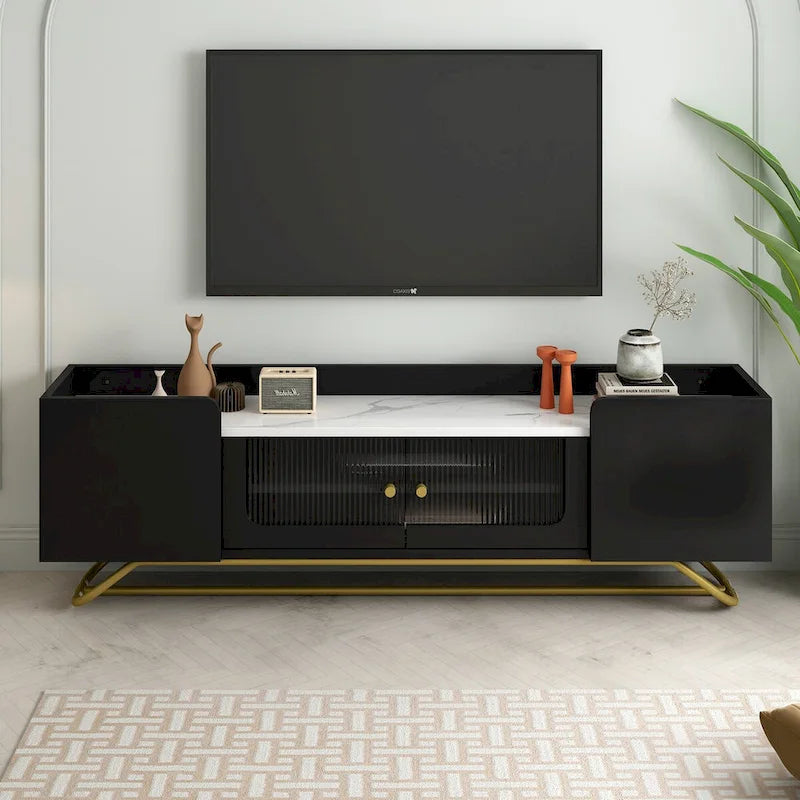 Meuble TV avec portes en verre cannelé et plateau en faux marbre – Convient aux téléviseurs jusqu'à 70 pouces