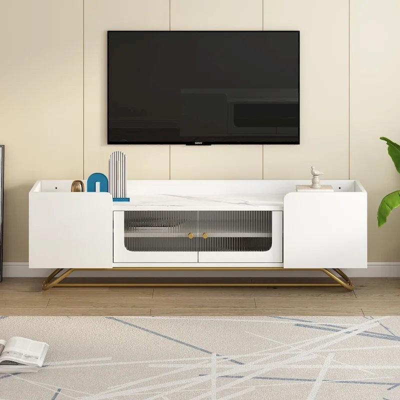 Meuble TV avec portes en verre cannelé et plateau en faux marbre – Convient aux téléviseurs jusqu'à 70 pouces