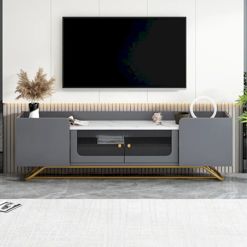Meuble TV avec portes en verre cannelé et plateau en faux marbre – Convient aux téléviseurs jusqu'à 70 pouces