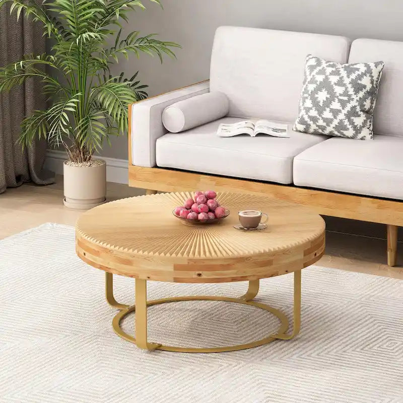 Table basse ronde moderne avec motif de sculpture sur bois et pieds en métal
