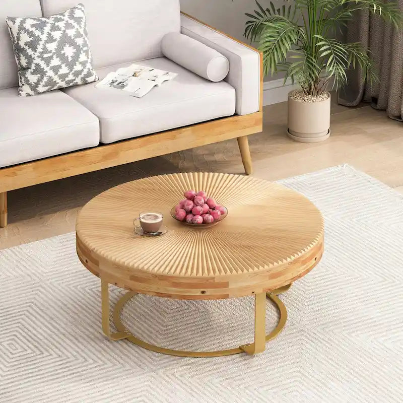 Table basse ronde moderne avec motif de sculpture sur bois et pieds en métal