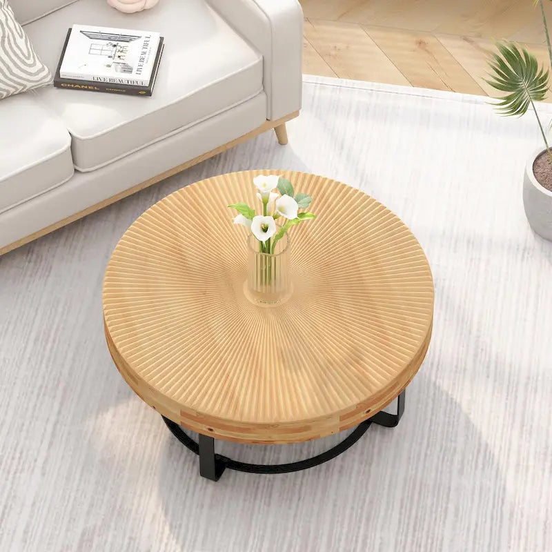 Table basse ronde moderne avec motif de sculpture sur bois et pieds en métal