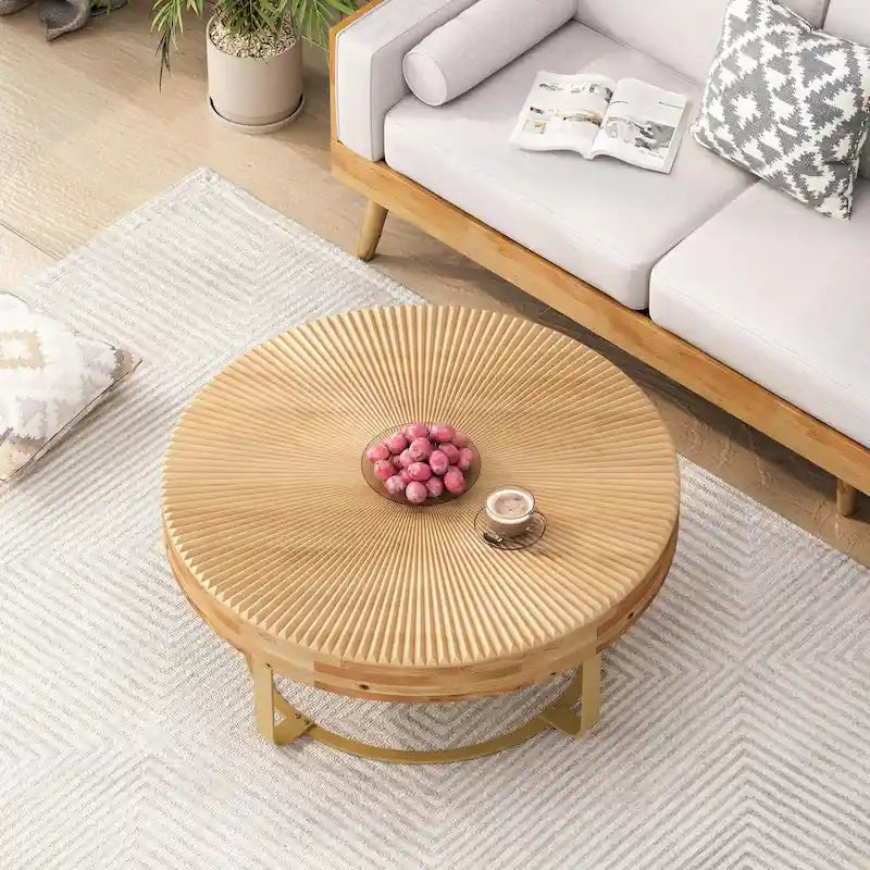 Table basse ronde moderne avec motif de sculpture sur bois et pieds en métal