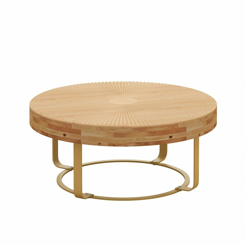 Table basse ronde moderne avec motif de sculpture sur bois et pieds en métal