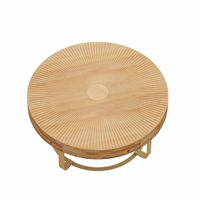 Table basse ronde moderne avec motif de sculpture sur bois et pieds en métal