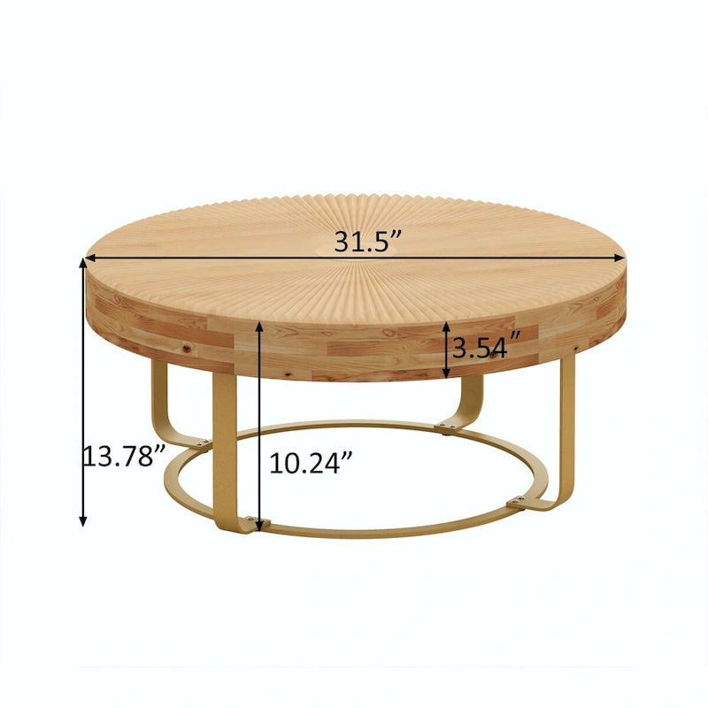 Table basse ronde moderne avec motif de sculpture sur bois et pieds en métal