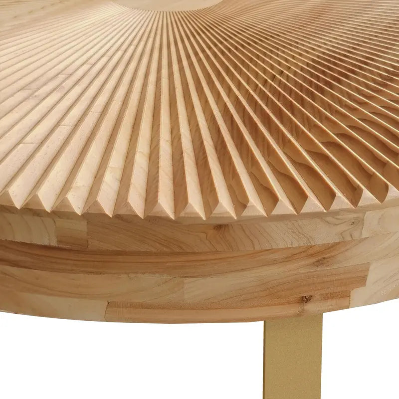 Table basse ronde moderne avec motif de sculpture sur bois et pieds en métal