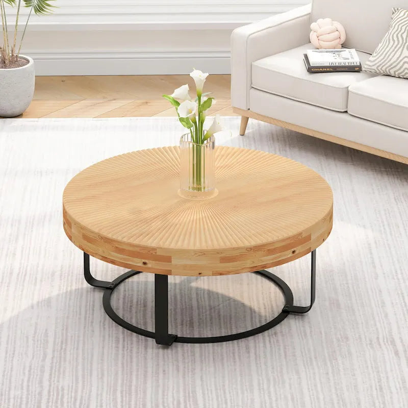 Table basse ronde moderne avec motif de sculpture sur bois et pieds en métal