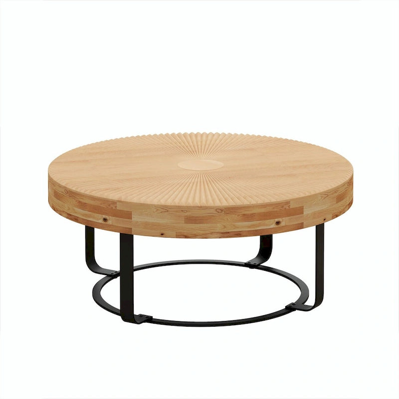 Table basse ronde moderne avec motif de sculpture sur bois et pieds en métal