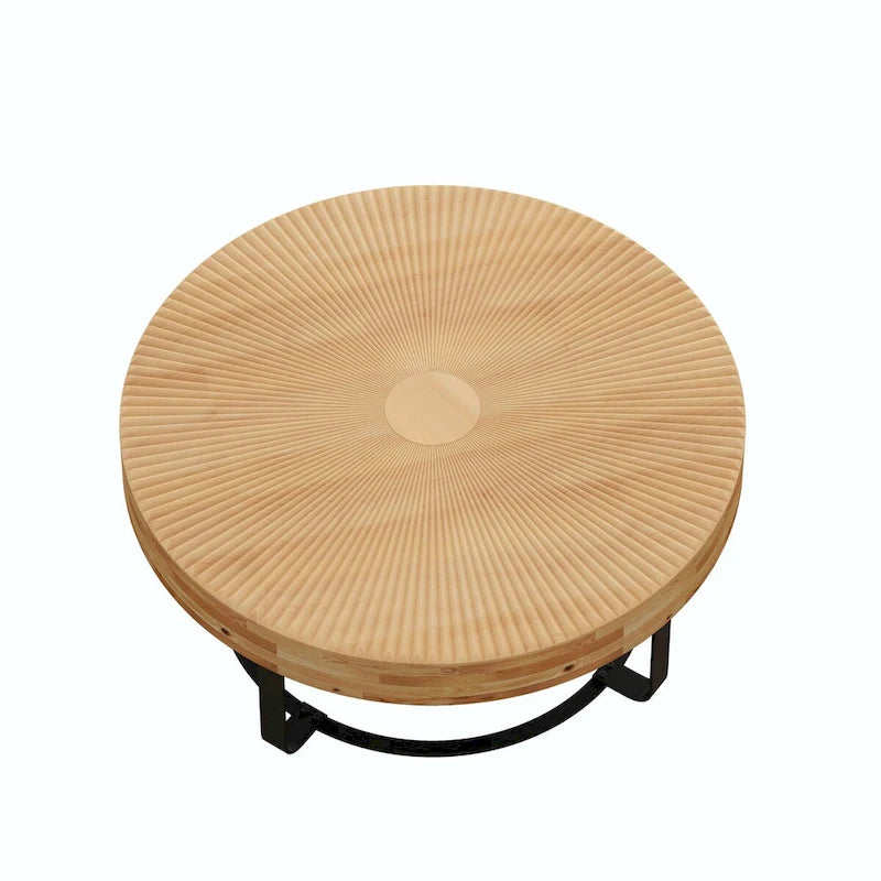 Table basse ronde moderne avec motif de sculpture sur bois et pieds en métal